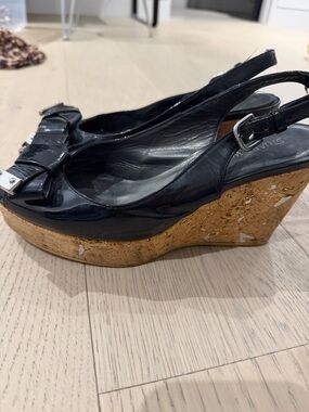 Stuart Weitzman Black Patent Leather Peep-Toe Slingback Pumps